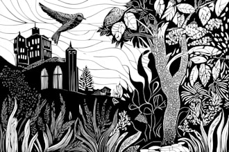 draw a line illustration, a linocut or an engraving