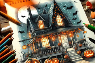 draw halloween house illustration