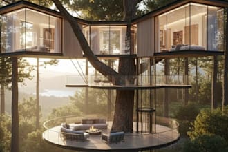 design a modern, luxurious and 3d cozy tree house