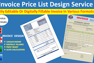 design invoice price list in excel or word fillable pdf form