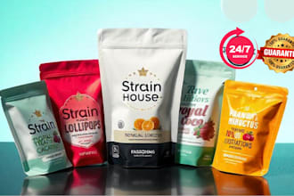 make pouch label, mylar bag design, chocolate, candy, cookies and food packaging