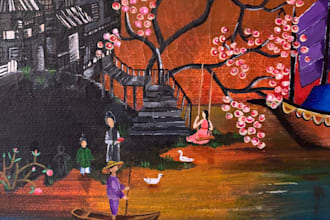 paint detailed and miniature asian art on canvas