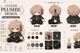 do custom plush reference sheet turnaround and production ready character design
