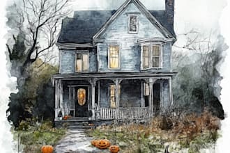 create digital halloween watercolor portrait of your house