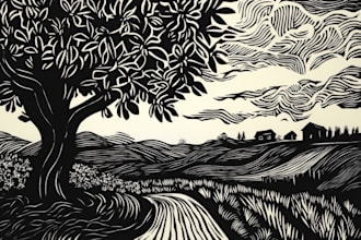 draw a black and white illustration in linocut