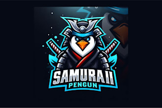 do samurai penguin cartoon, character mascot logo with unlimited revisions