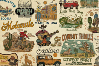 create western cowboy logo or poster design in vintage style and illustration