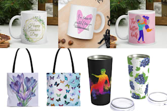 create designs for mugs, tote bags, tumblers