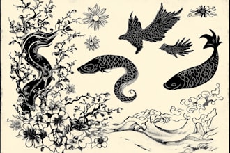 design custom flash tattoo in woodblock style