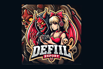 do girl and demon skull cartoon, character mascot logo within two days