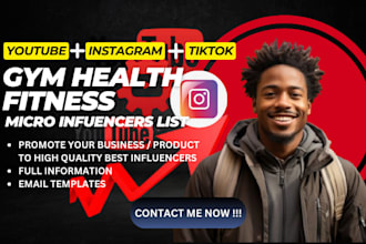 provide list of gym health fitness micro instagram youtube tiktok influencers