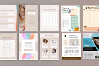 design ebook workbook, journal, planner, sell sheet, product catalog, fillable
