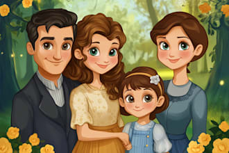 make disney style family and couple cartoon portrait