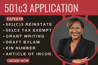 do 501c3 application, reinstate 501c3,draft bylaws, article of incorporation,ein