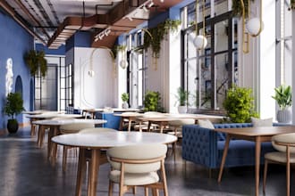 adjust 3d restaurant design,model cafe,cgi coffee shop, render event hall in ue5