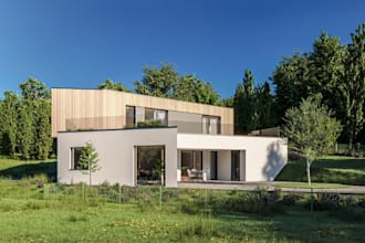 craft modern residential house, frame wood rendering,car garage,landscade design