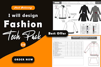 create tech pack and flat sketches for fashion luxury design