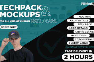 design custom hats with mockup and tech pack with fast delivery
