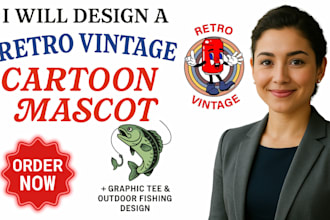 draw retro vintage cartoon mascot, graphic t shirt design, outdoor fishing