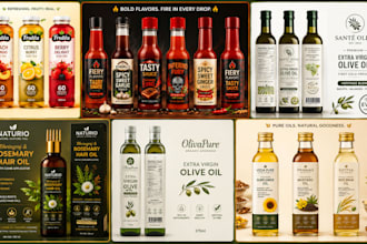 do product label design,sauce,spice, seasoning,honey,rub,pikliz,food,olive,oil