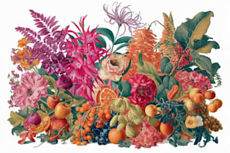 create botanical illustration of flowers, plants, and fruits