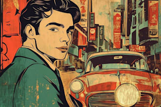 draw vintage illustration, distressed retro or comic art