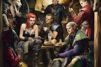 create fantasy art, dnd character, concept art and dd party