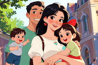 create a stunning disney cartoon family, group portrait