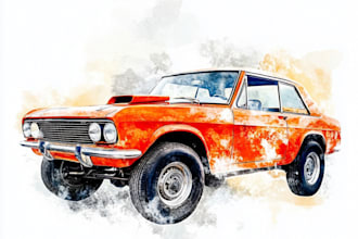 paint cars in realistic digital watercolor style