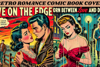 design retro vintage romance comic book cover, fantasy, scifi cover paperback