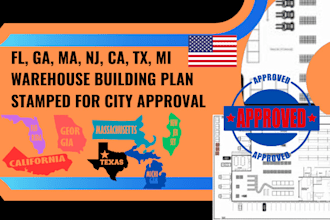 fl, ga, ma, nj, ca, tx, mi warehouse building plan stamped for city approval