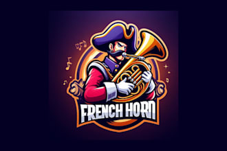 create french horn cartoon, and character mascot logo for your company