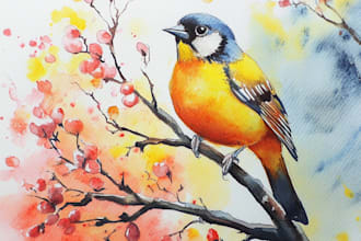 draw watercolor paintings , nature, birds