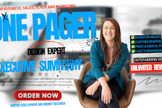 design one pager executive summary, investment teaser or report, marketing