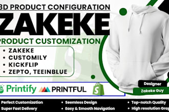 do 2d 3d shopify store product configuration, zakeke kickflip customily zepto