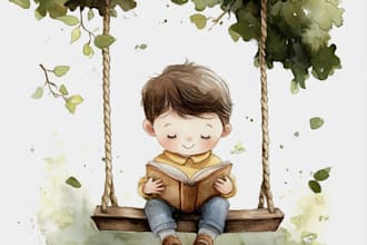draw watercolor children and kids story book illustrations with cover