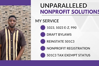 non profit registration, obtain 501c3 tax exempt, draft bylaws, reinstate 501c3
