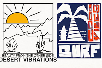 create a hand drawn illustration inspired by surf,skate, retro and western