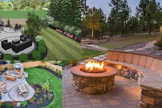 do 3d landscape design, backyard garden, pool, patio, frontyard architect design