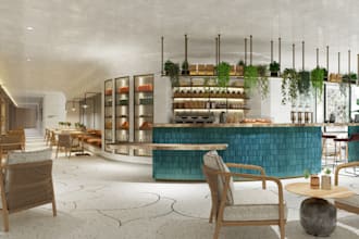 craft 3d commercial space,cgi interior rendering,store front, restaurant kitchen