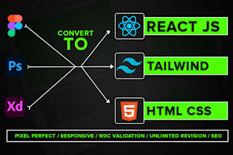 convert figma to html, figma to reactjs, psd xd to HTML responsive tailwind css