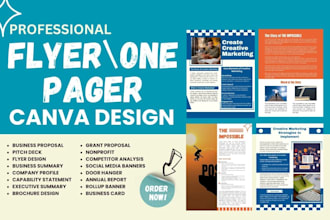 design one pager, business proposal, sales sheet, brochure, executive summary