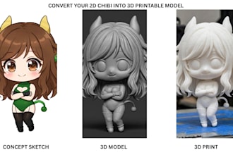 sculpt and model a cute 3d chibi character from 2d reference to 3d print ready