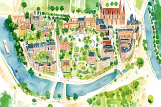create a detailed watercolor map illustration of your city