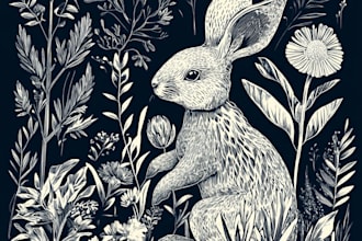 do animal and botanical linocut doodle illustration
