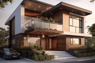 create a model and realistic render exterior building plan