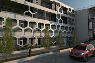 create 3d model commercial exterior design in blender,landscape, cgi environment