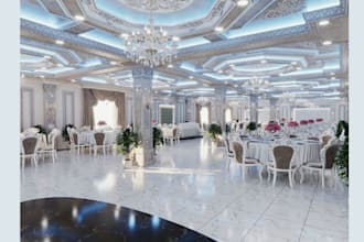 create 3d interior design for event hall, party hall, cinema hall, wedding hall