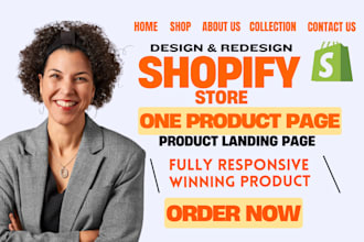 design shopify landing page, or one product store using gempages or pagefly
