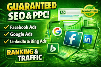 offer guaranteed SEO PPC facebook, google linkedin and bing ranking and traffic